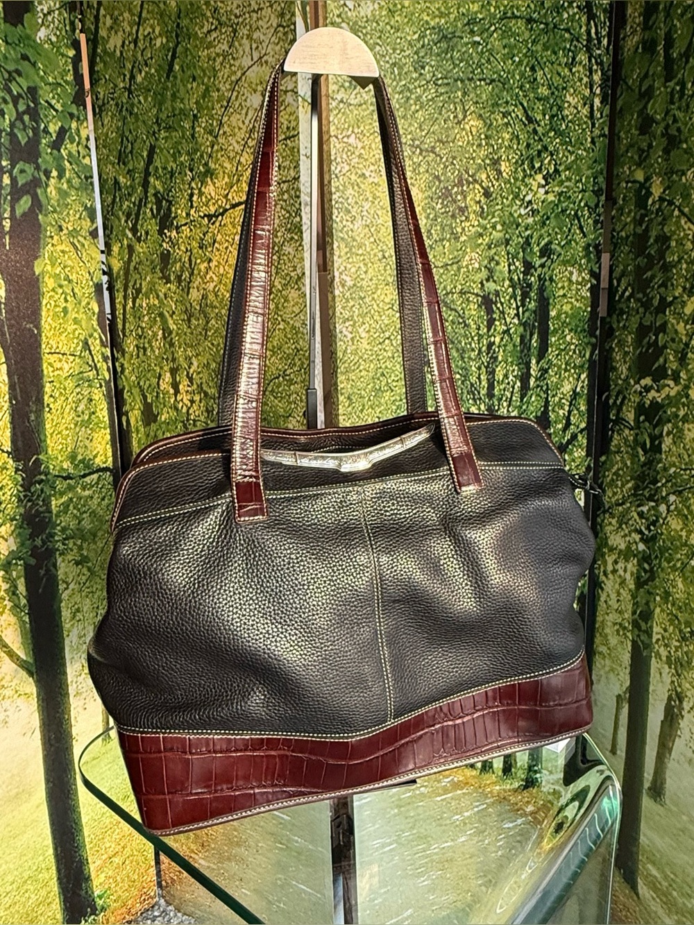 Brighton Black Pebbled Leather Tote Shoulder Bag Brown Croc Trim Large Satchel